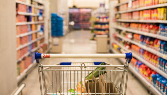 Supermarket aisle shopping cart groceries inflation