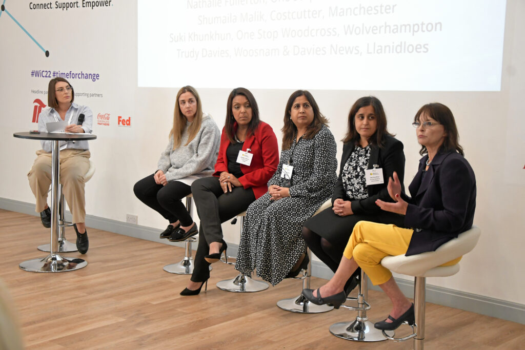 Megan Humprey chairing a panel discussion with Natlie Lightfoot, Nathalie Fullerton, Shumaila Malik, Suki Khunkhun and Trudy Davies at the first Women in Convenience event in 2022